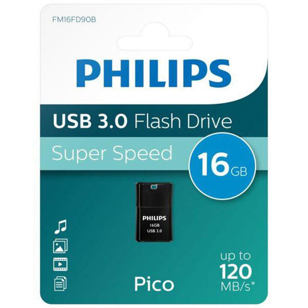 Philips USB 3.0 Pico Edition Flash Drive in black, 16GB capacity, ultra-compact design for easy portability.