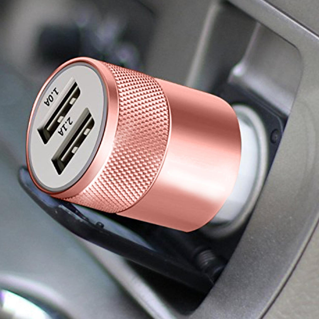 Rose gold FX TechHub car charger with twin USB sockets and fast charging capability.