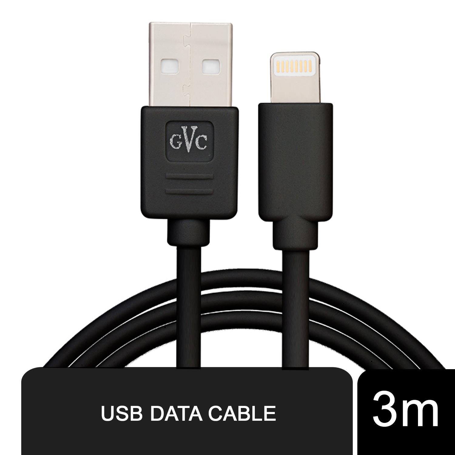 GVC TechHub 3M USB data cable for charging and syncing, featuring an extra long design for convenience.
