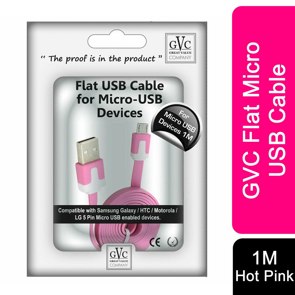 Hot pink flat micro USB cable by GVC, 1 metre long, designed for tangle-free syncing and charging.