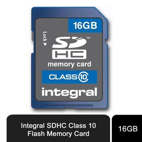Integral 16GB SDHC Class 10 flash memory card with a protective case, featuring a sleek design and compact size.