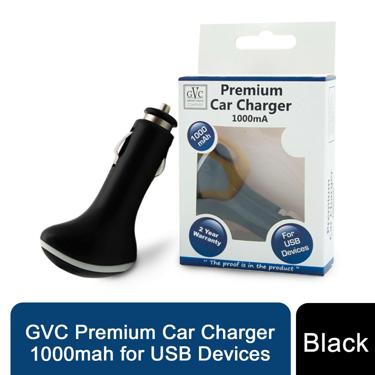 Premium Car Charger 1000mah for USB Devices - Black - Intelligent IC Chip