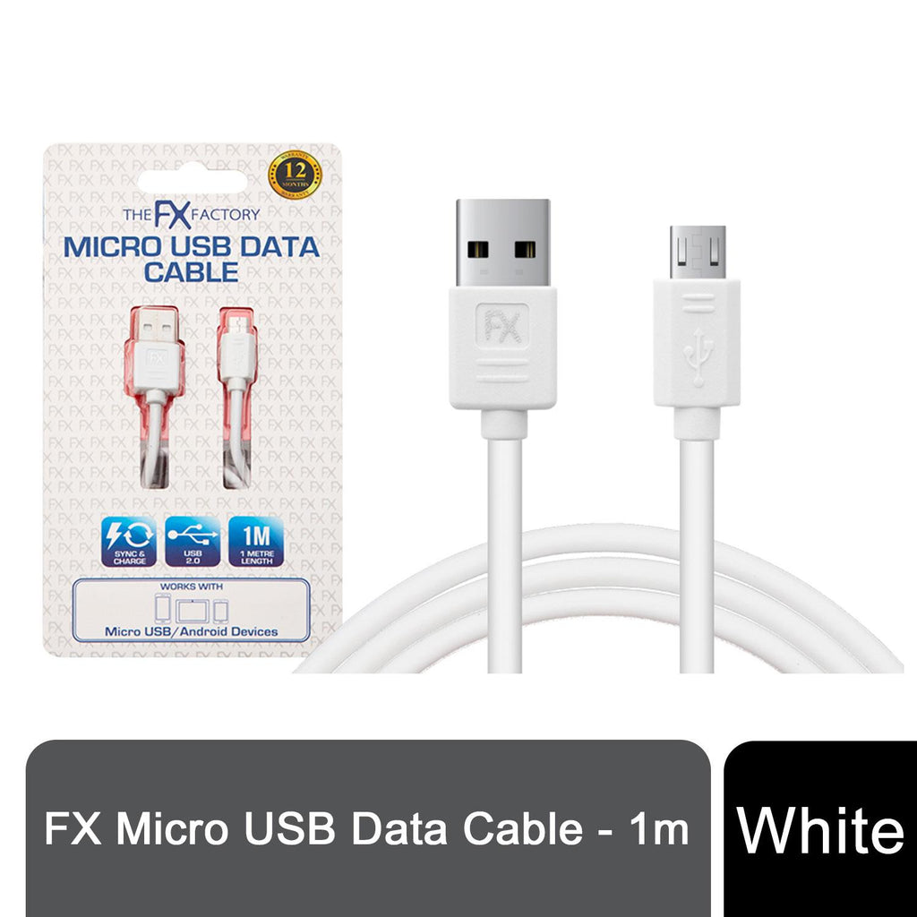 White USB data cable for Micro USB devices by FX Factory, ideal for charging and syncing.