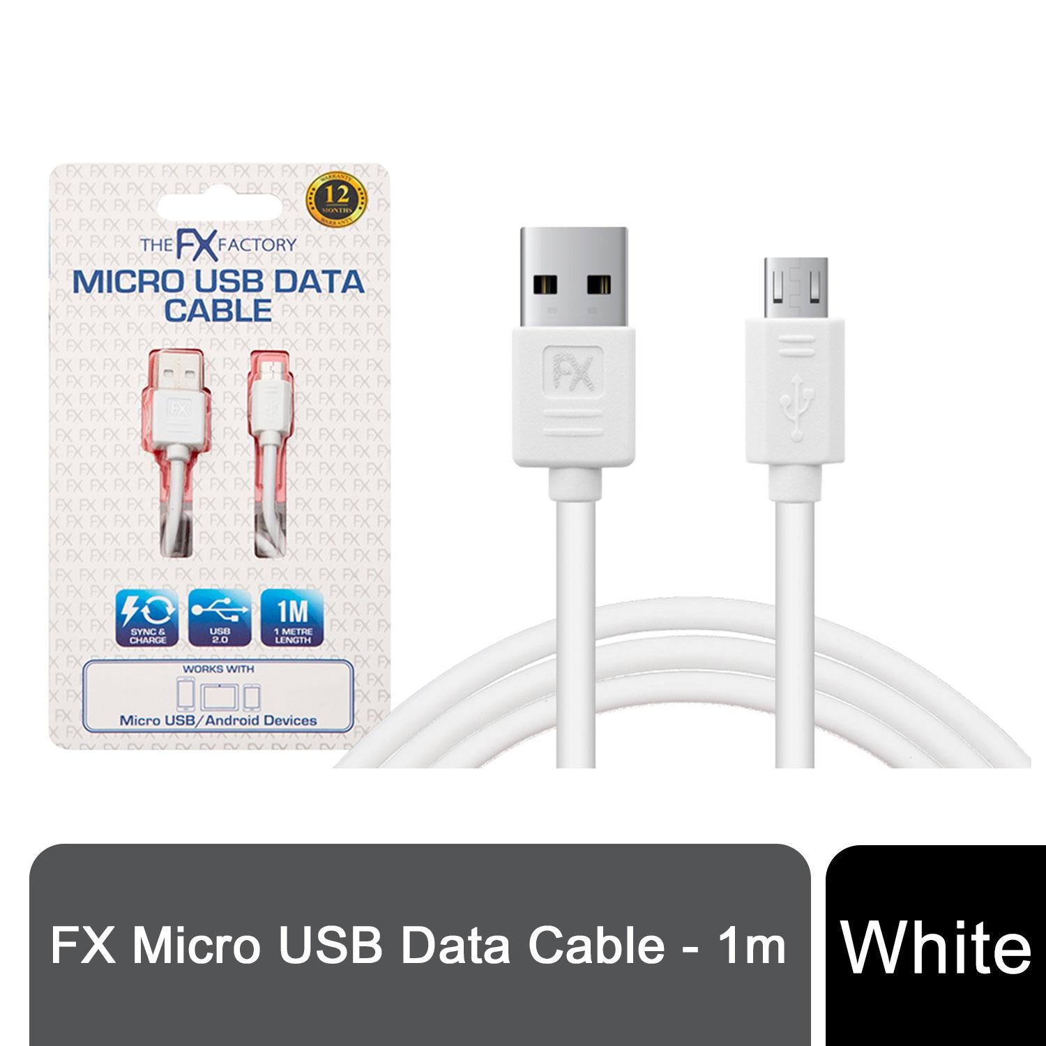 White USB data cable for Micro USB devices by FX Factory, ideal for charging and syncing.