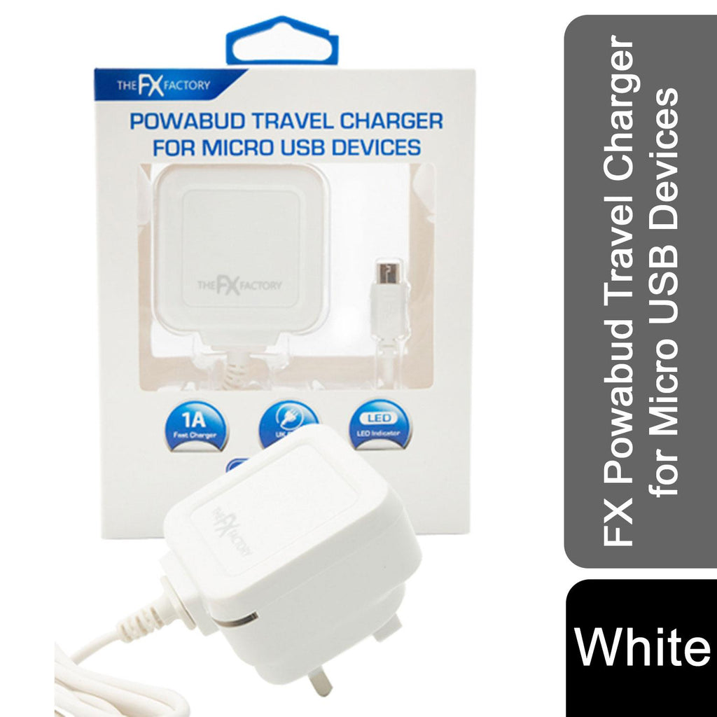White FX Factory USB mains charger 1A for USB and Micro USB devices with smart charging feature.