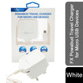 White FX Factory USB mains charger 1A for USB and Micro USB devices with smart charging feature.