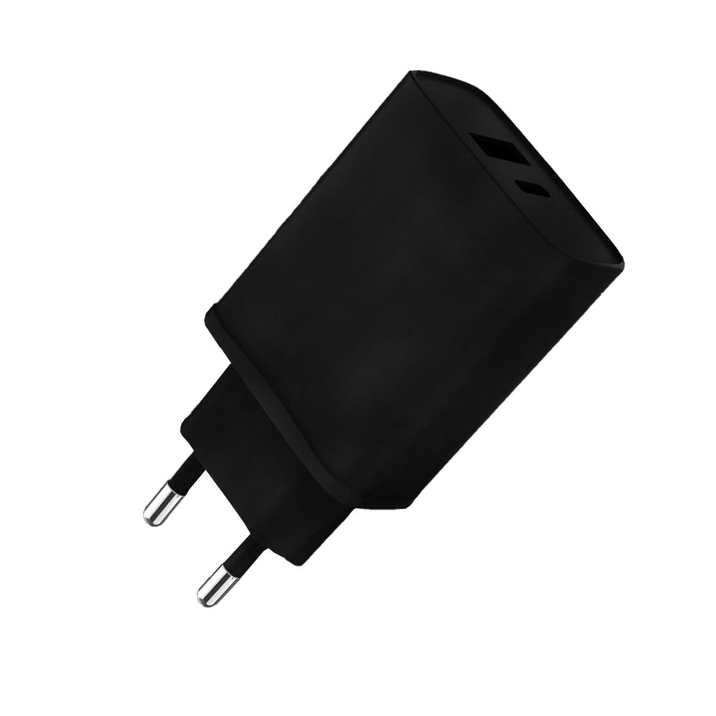 Black FX TechHub dual mains charger with USB-C and USB-A ports, EU plug for fast charging.