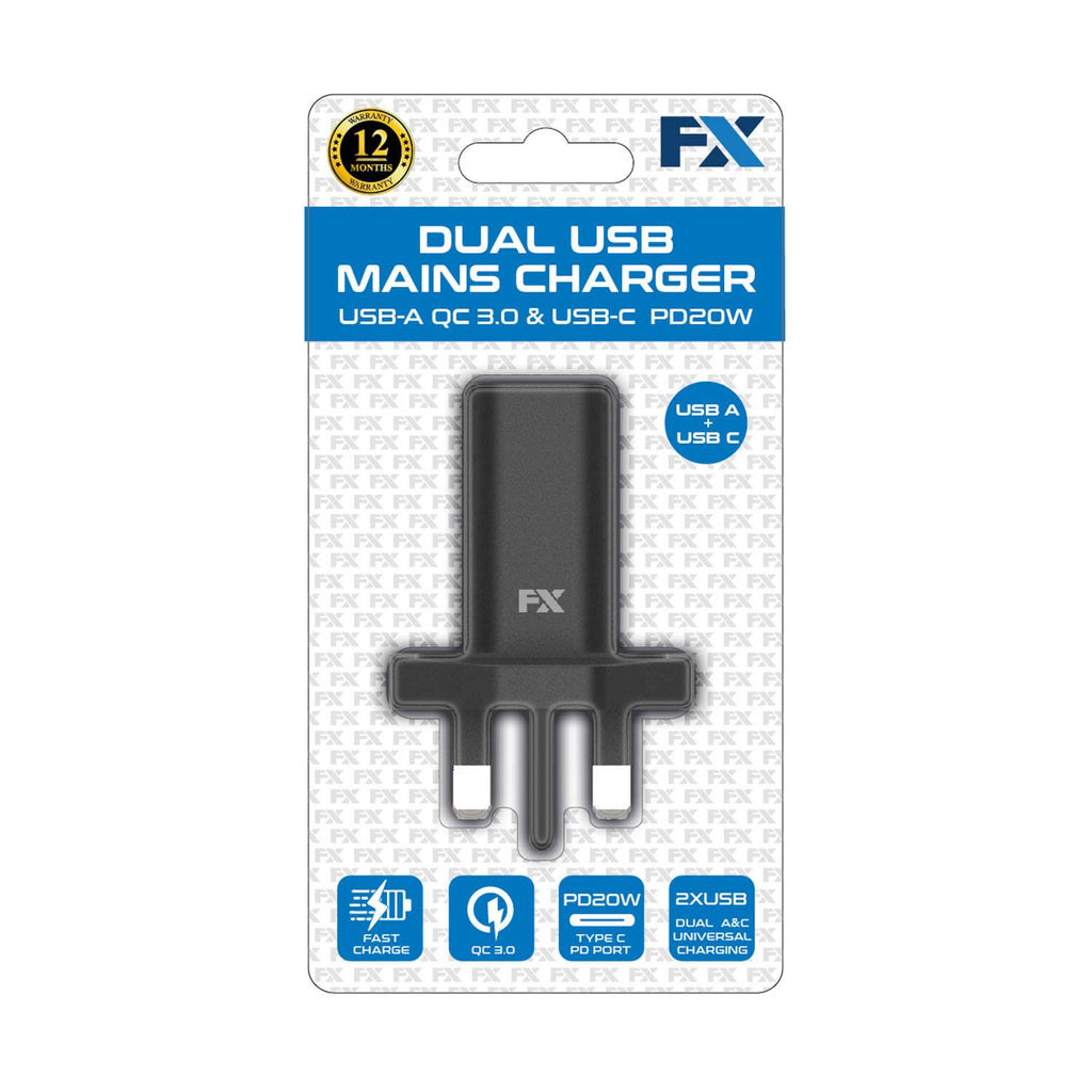 White FX Dual Mains Charger with USB-C and USB-A ports, UK plug design for fast charging capabilities.