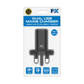 White FX Dual Mains Charger with USB-C and USB-A ports, UK plug design for fast charging capabilities.