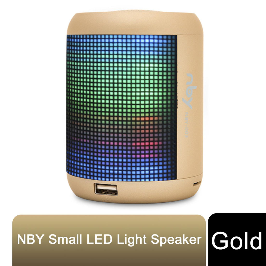 Gold Sound Activated LED Light Bluetooth Speaker with Dancing Fountain by NBY, showcasing colorful lights and water display.