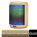 Gold Sound Activated LED Light Bluetooth Speaker with Dancing Fountain by NBY, showcasing colorful lights and water display.