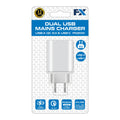 FX TechHub dual mains charger with USB-C and USB-A ports, EU plug, fast charging, in white color.