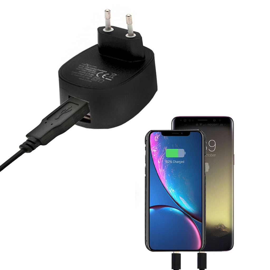 Black FX Dual USB Mains Charger with EU plug, 2.4 AMP, featuring a multicoloured design.