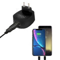 Black FX Dual USB Mains Charger with EU plug, 2.4 AMP, featuring a multicoloured design.