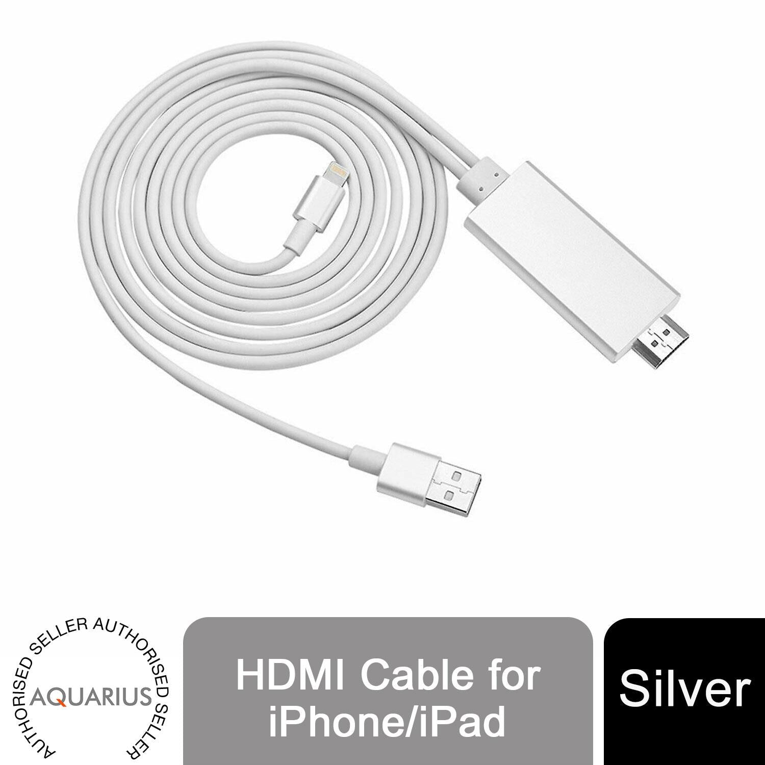 Aquarius Full HD HDMI connector cable in silver, designed for screen mirroring with phone and pad devices.