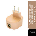 Dual USB mains charger with EU plug in multicoloured design, 2.4 AMP output by FX, showcasing compact and sleek construction.
