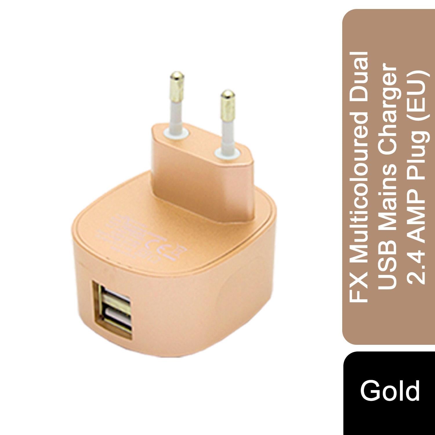 Dual USB mains charger with EU plug in multicoloured design, 2.4 AMP output by FX, showcasing compact and sleek construction.