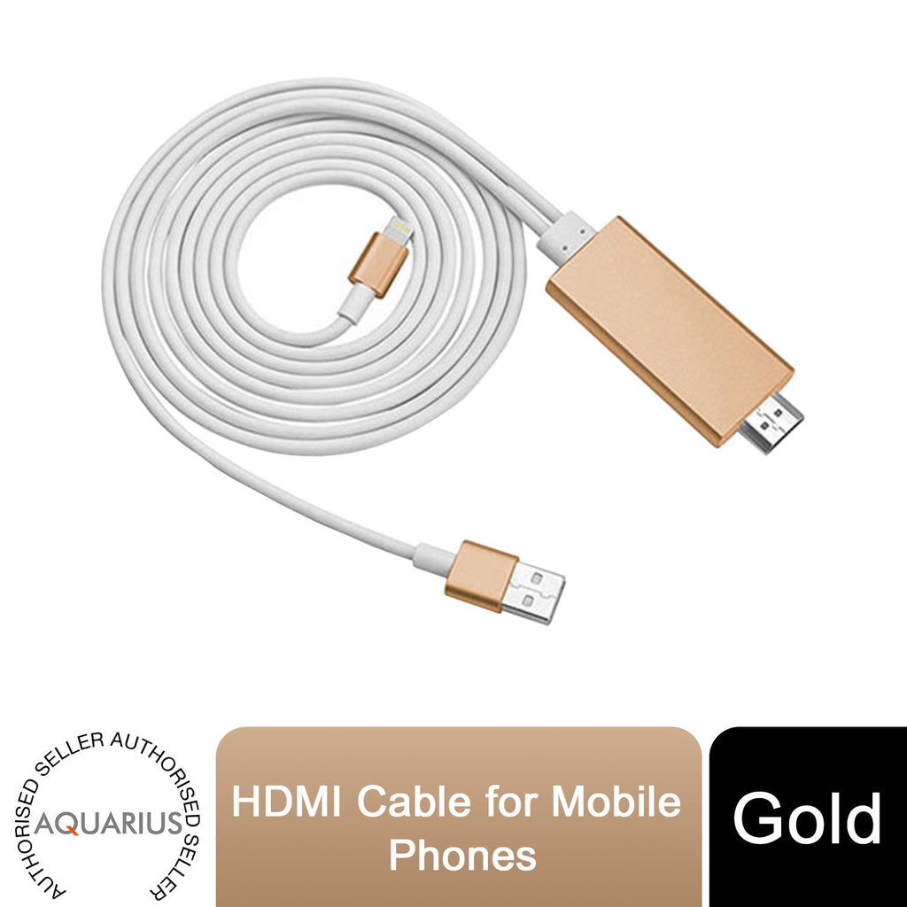 Aquarius Full HD HDMI connector cable for phone/pad, featuring a gold finish, ideal for screen mirroring.