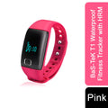 Pink T1 waterproof fitness tracker by Bas-Tek with heart rate monitor displayed on a white background.