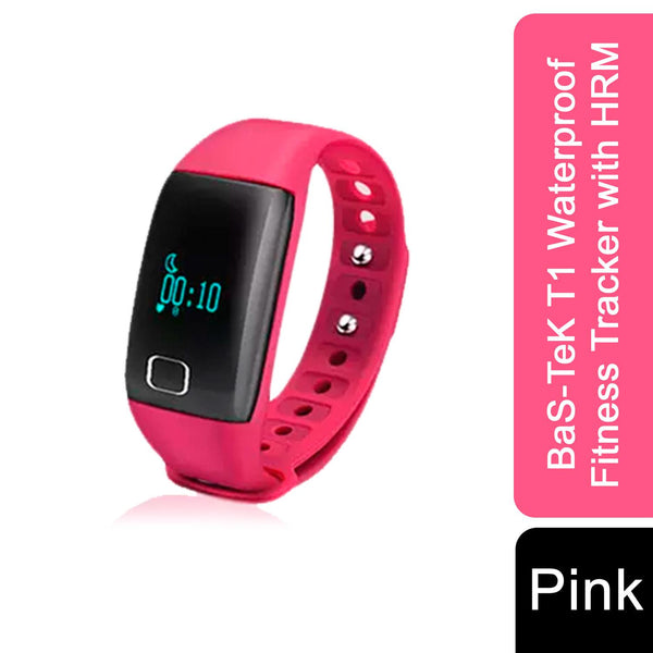 Pink T1 waterproof fitness tracker by Bas-Tek with heart rate monitor displayed on a white background.