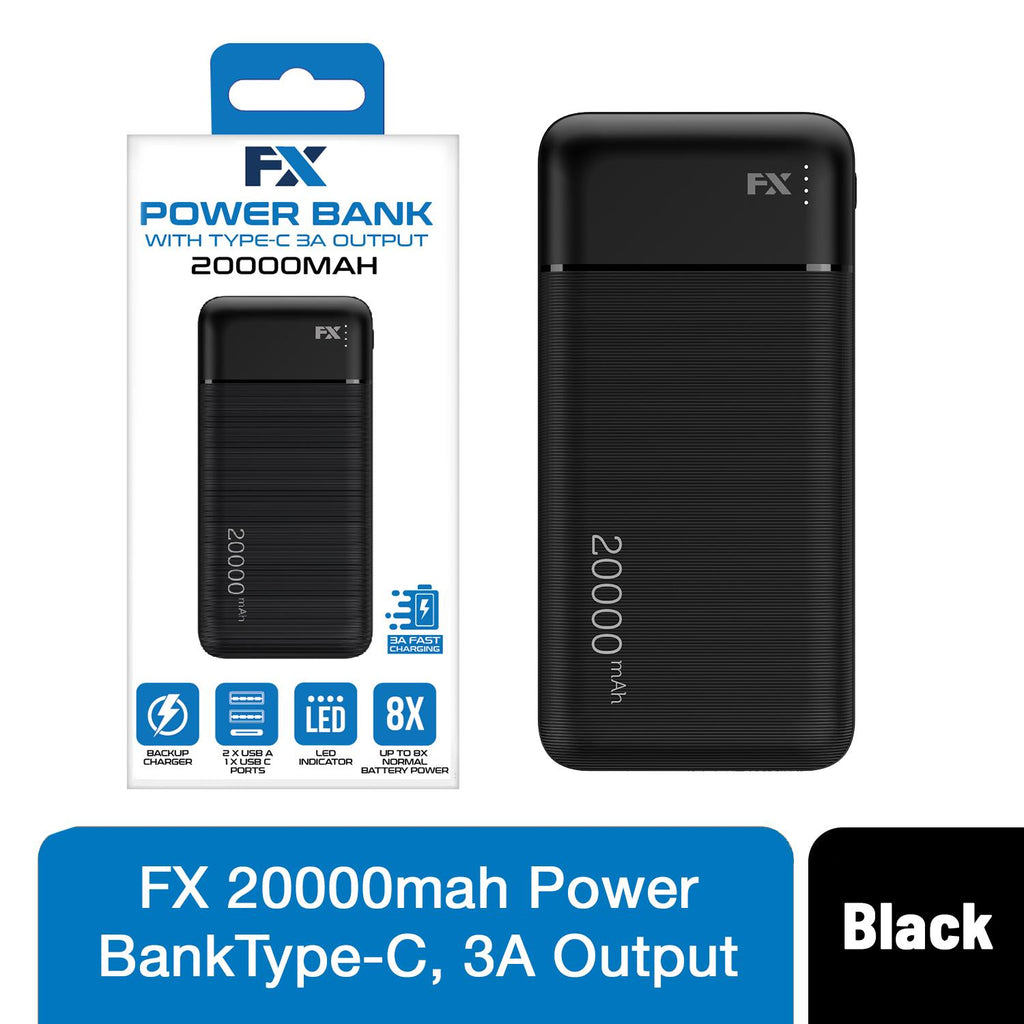 Black FX TechHub 20000 mAh power bank with Type-C 3A output, showcasing its sleek design and high-capacity features.