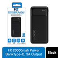 Black FX TechHub 20000 mAh power bank with Type-C 3A output, showcasing its sleek design and high-capacity features.