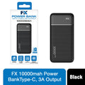 Black FX TechHub 10000 mAh power bank with Type-C 3A output, showcasing its sleek design and compact size.