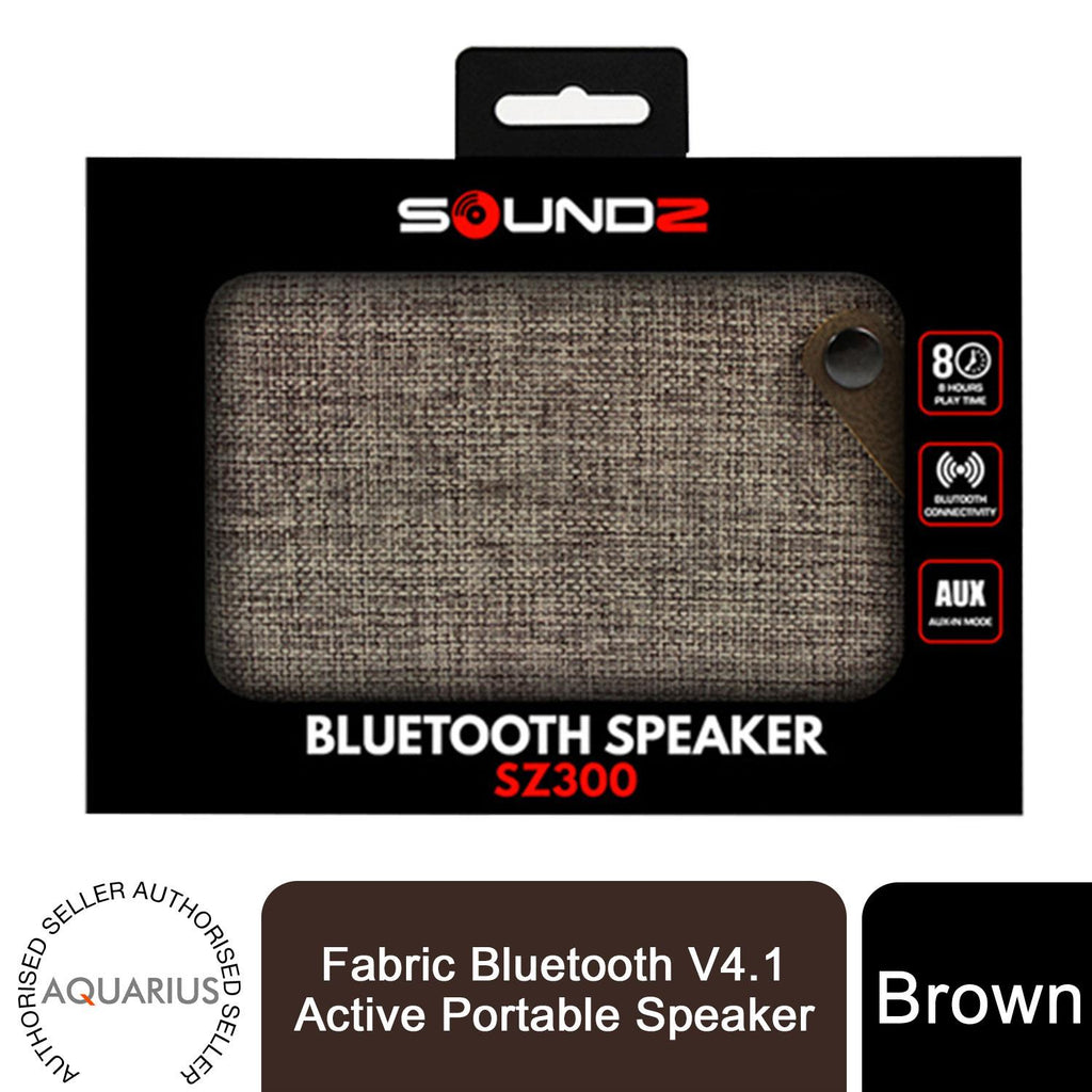 Brown Fabric Bluetooth Portable Speaker by Soundz, showcasing a sleek design and compact size for easy portability.