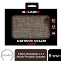 Brown Fabric Bluetooth Portable Speaker by Soundz, showcasing a sleek design and compact size for easy portability.