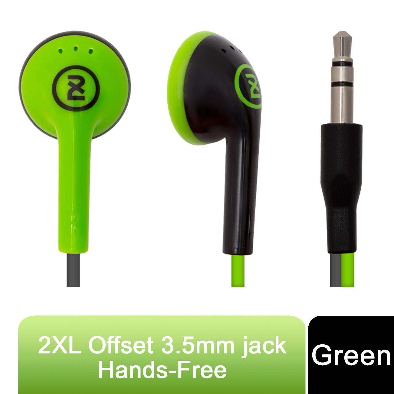 Green Offset 3.5mm jack in-ear headphones by TechHub, featuring a hands-free design and comfortable fit.
