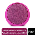 Pink Fabric Bluetooth Portable Speaker by Soundz, model V4.1 Active, showcasing a sleek design and compact size.