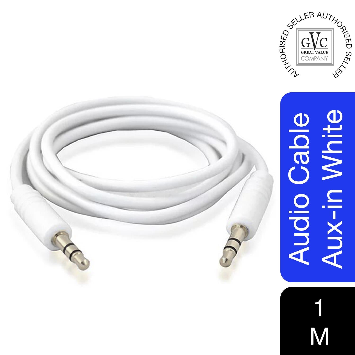 GVC 3.5mm stereo AUX audio cable in white, 1 metre long, featuring universal compatibility for audio connections.