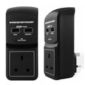 Black surge protected socket by Monster with two USB charging ports and multiple outlets.