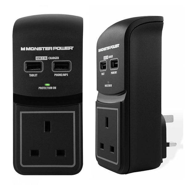 Black surge protected socket by Monster with two USB charging ports and multiple outlets.