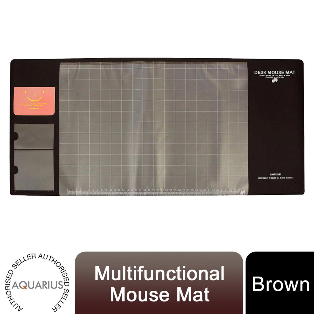 Brown multifunctional eco-friendly office desk mouse mat by Aquarius, made of PVC and DS material, on a workspace surface.