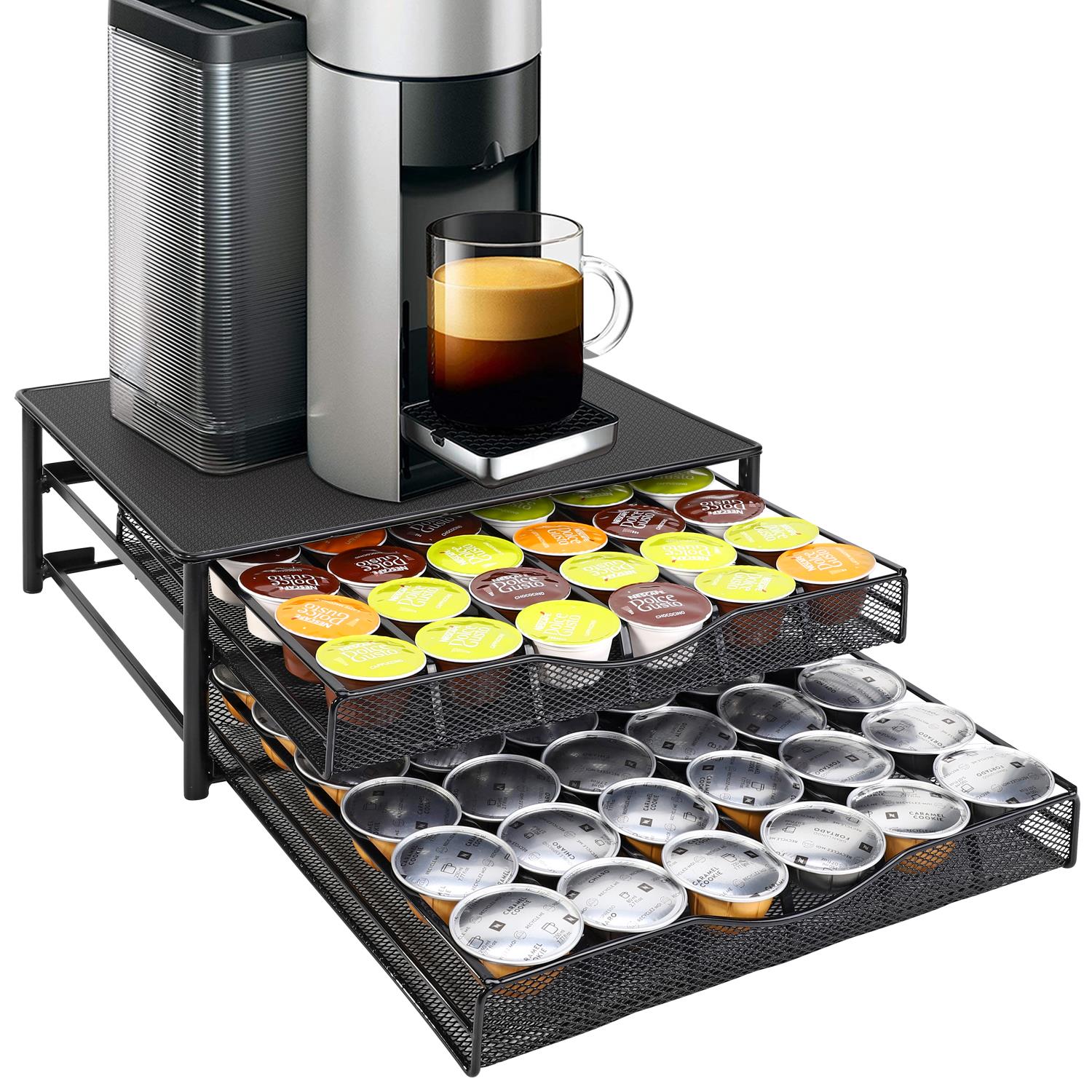 Black double drawer organizer for coffee pod storage by HomeCraft, featuring a sleek design and ample space for pods.