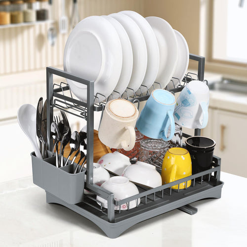 Grey 2 tier dish drainer by HomeCraft, featuring a detachable design and space-saving rack for efficient drying.