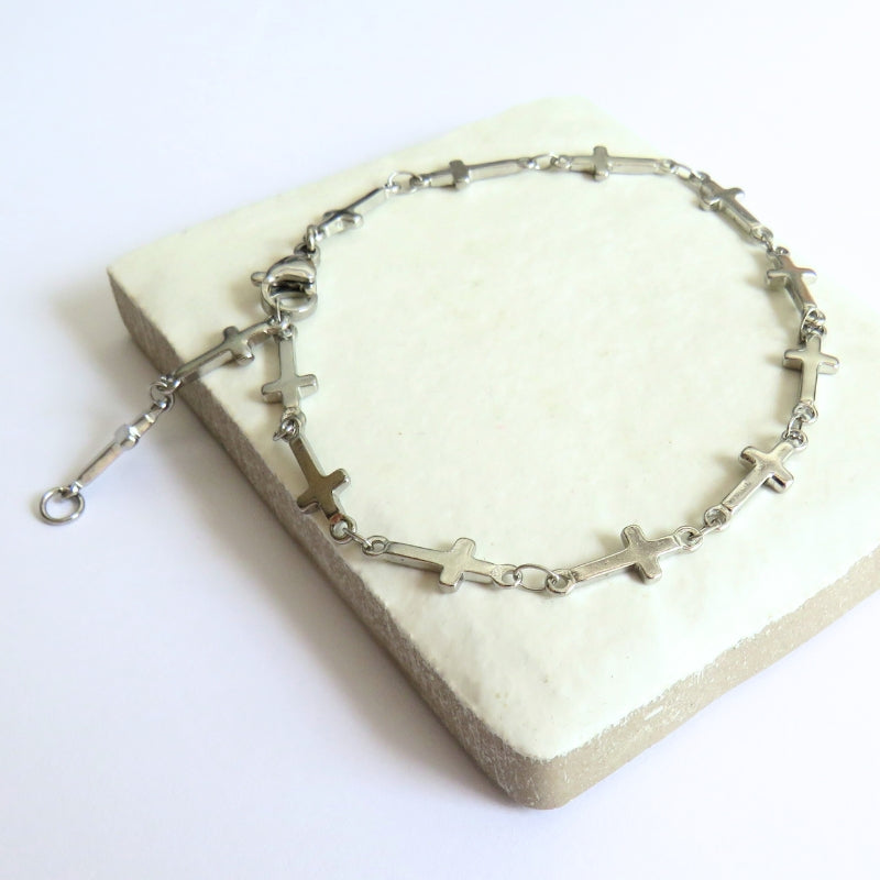 Cross Chain Silver Bracelet - Stainless Steel - 6-8 Inches - Designed in Scotland