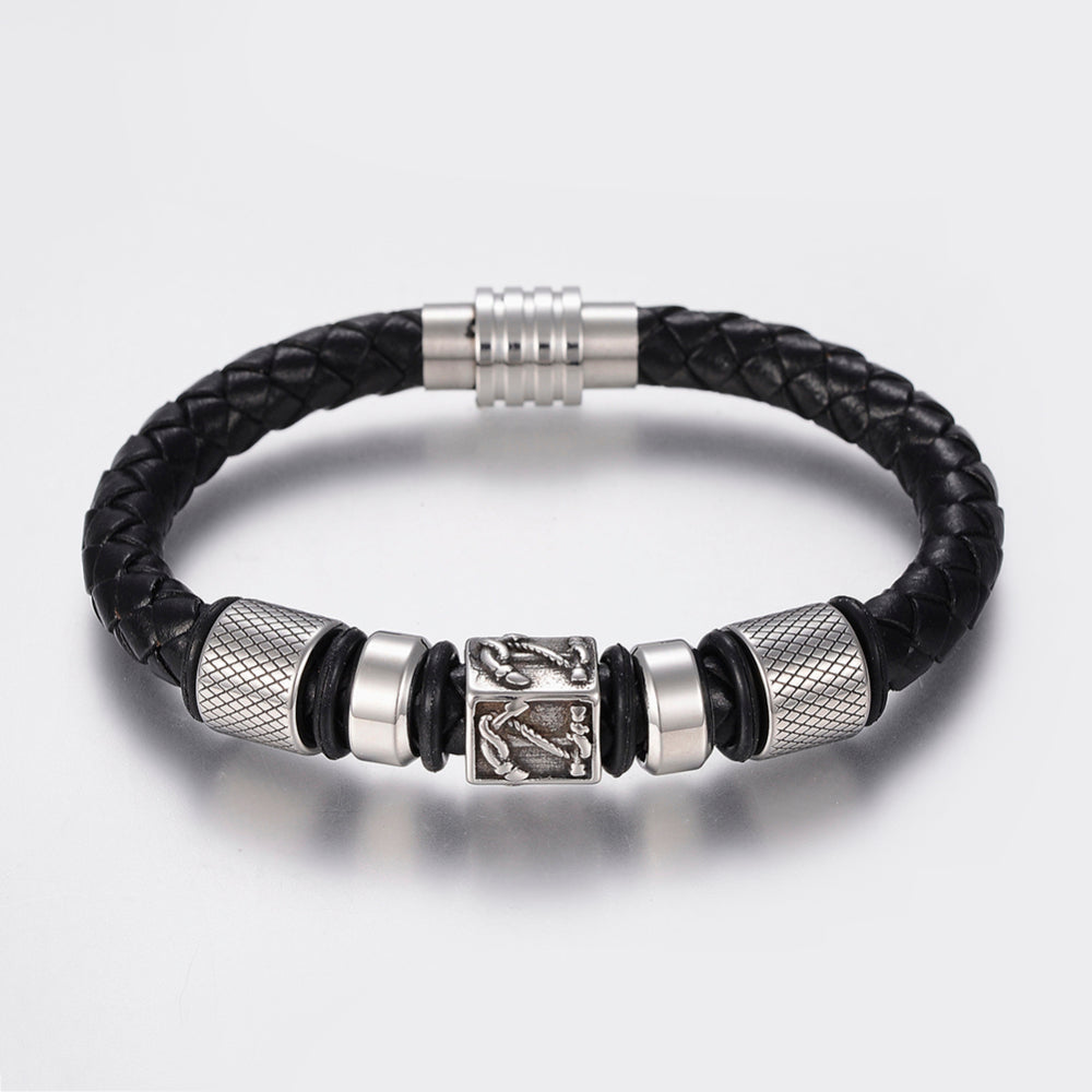 Men's faux pleated leather bracelet with magnetic clasp by LuxeTime, featuring a nautical design in rich brown tones.