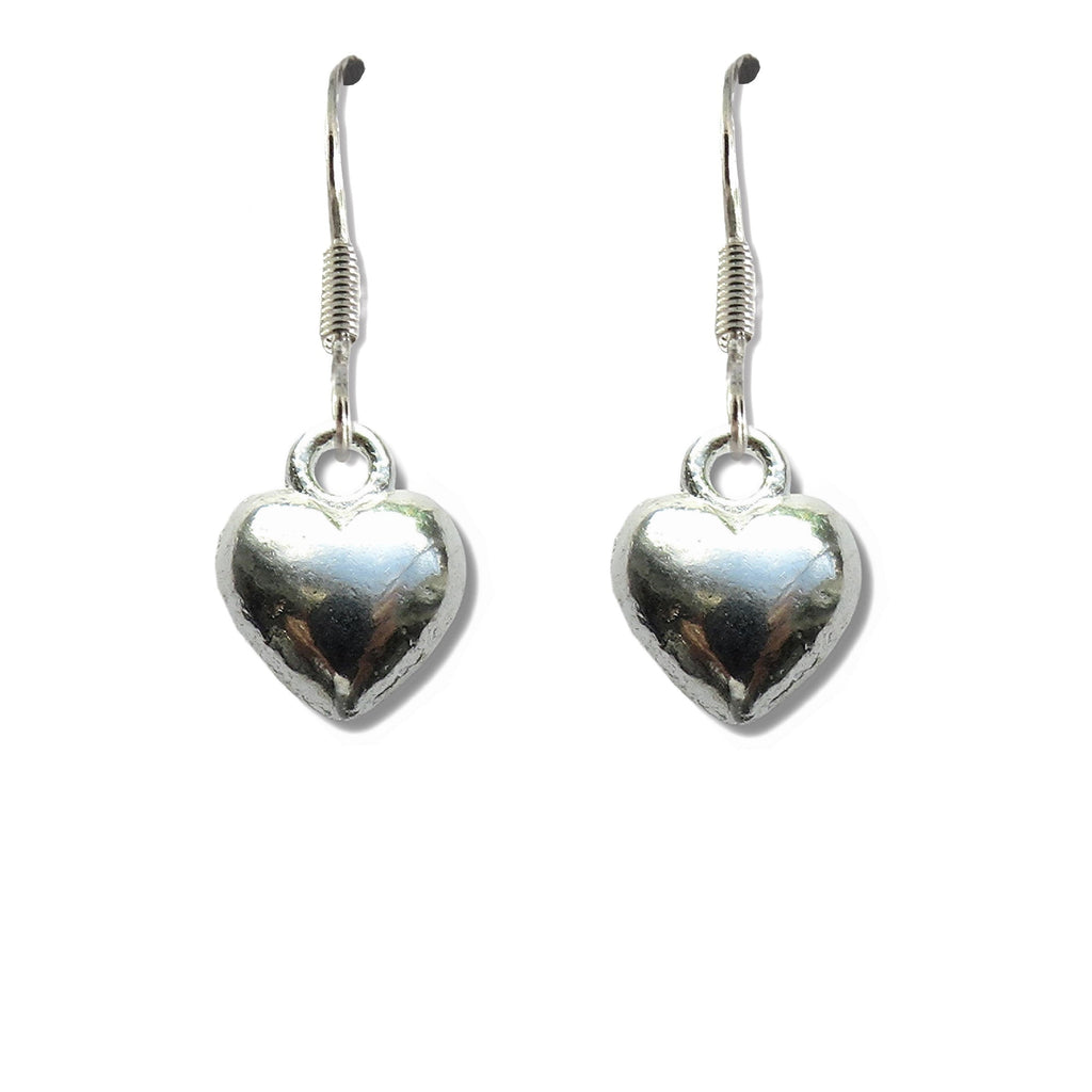 Silver Puff Heart Drop Earrings - Sterling Silver Plated - Nickel Free