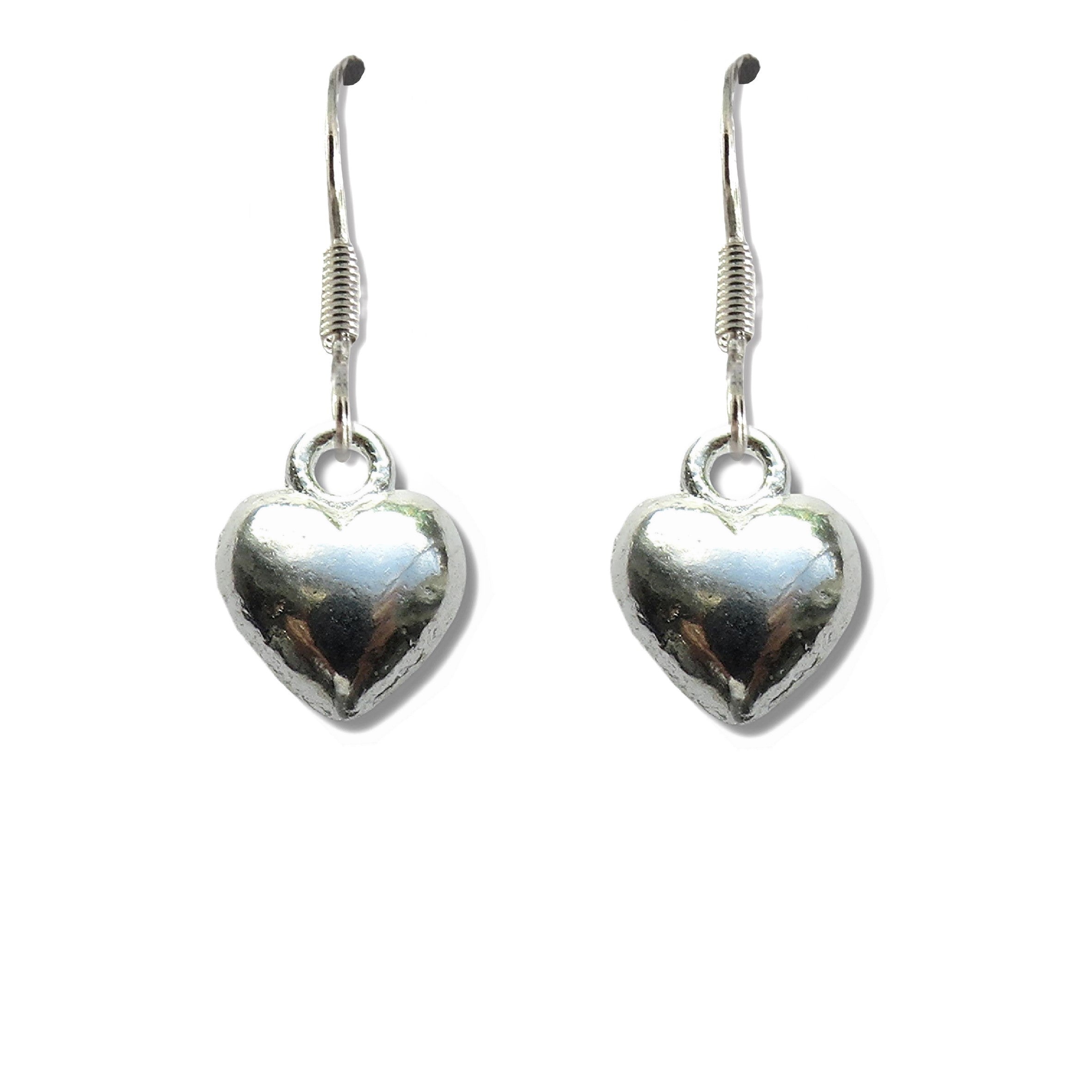 Silver Puff Heart Drop Earrings - Sterling Silver Plated - Nickel Free