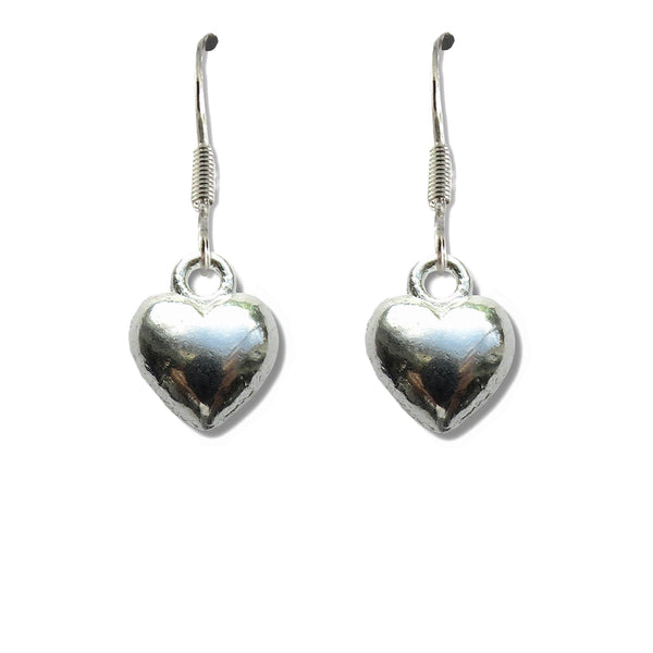 Silver Puff Heart Drop Earrings - Sterling Silver Plated - Nickel Free