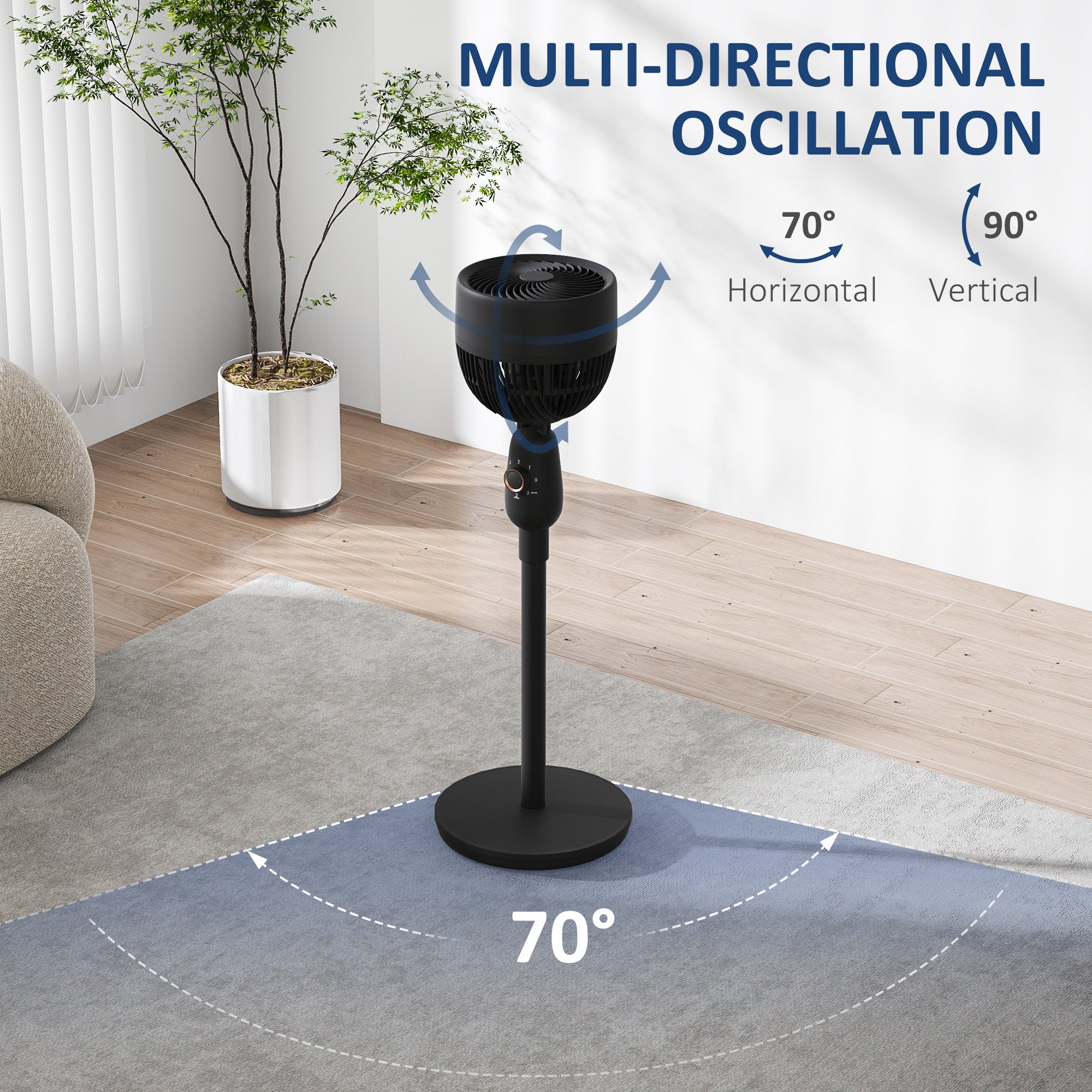HOMCOM Pedestal Fan for Bedroom, Powerful Air Circulator with 3 Speed, Black