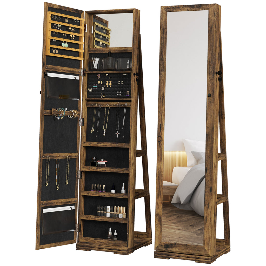 Jewelry Cabinet with Full Length Mirror - 360° Swivel Lockable Organizer - Rustic Brown