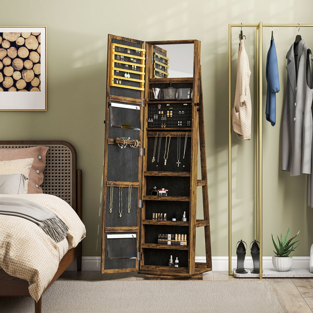 Jewelry Cabinet with Full Length Mirror - 360° Swivel Lockable Organizer - Rustic Brown