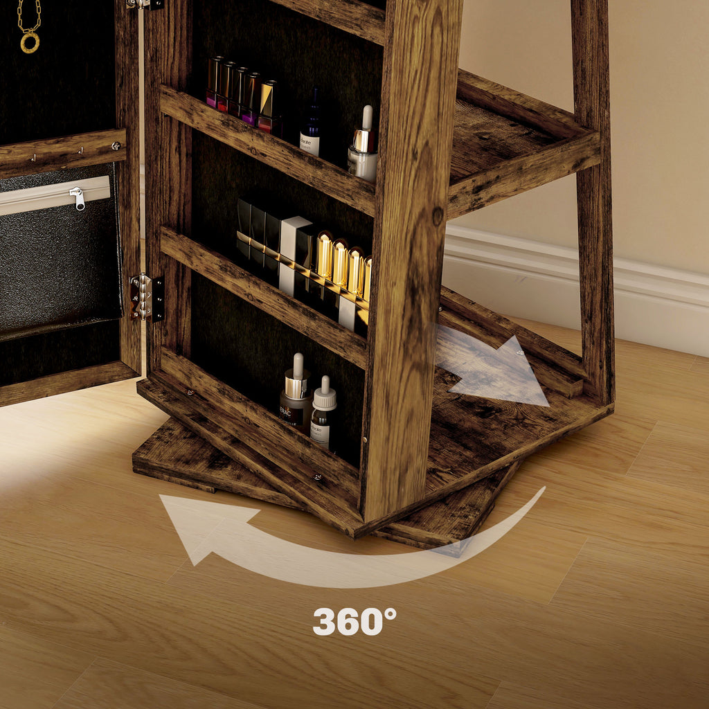 Jewelry Cabinet with Full Length Mirror - 360° Swivel Lockable Organizer - Rustic Brown