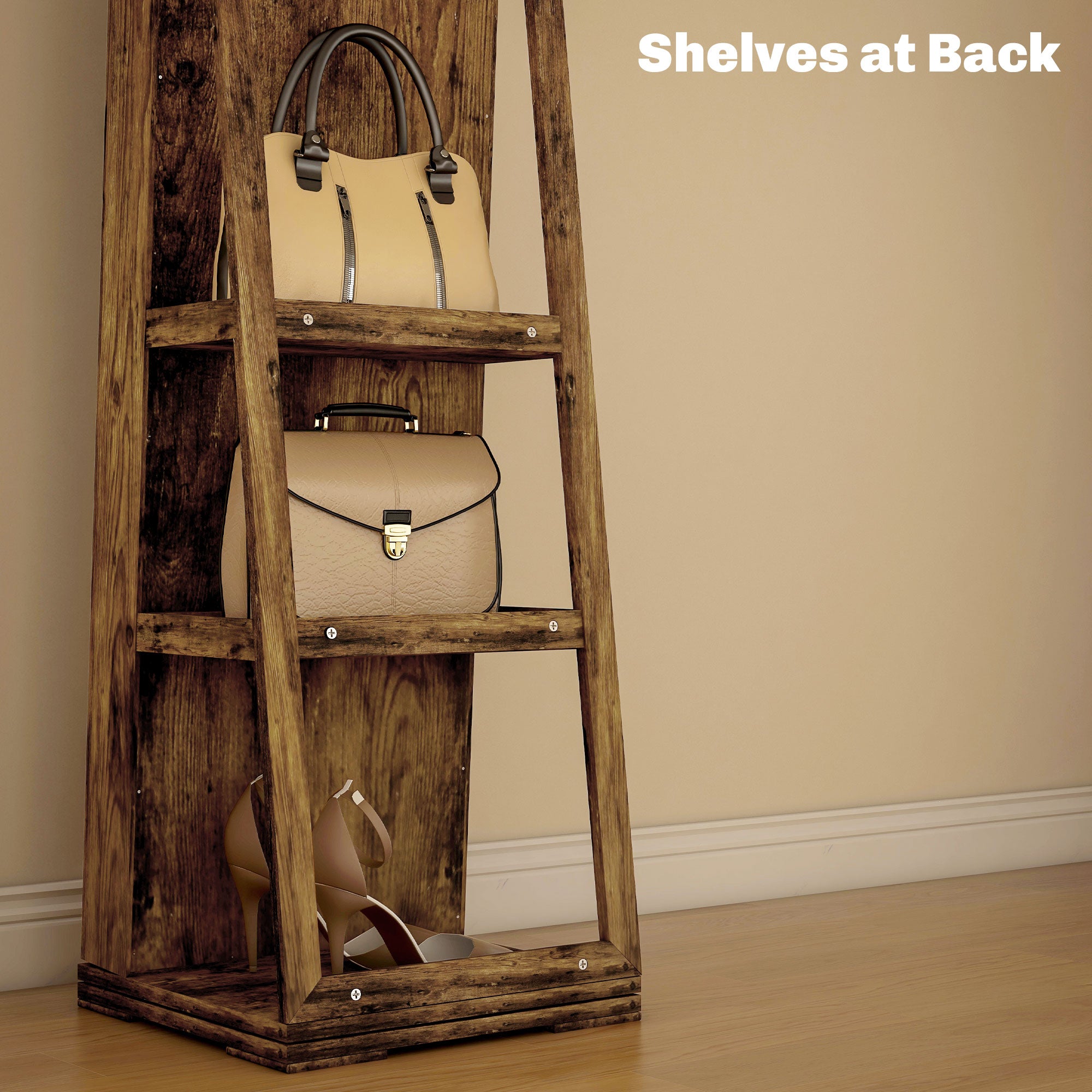 Jewelry Cabinet with Full Length Mirror - 360° Swivel Lockable Organizer - Rustic Brown