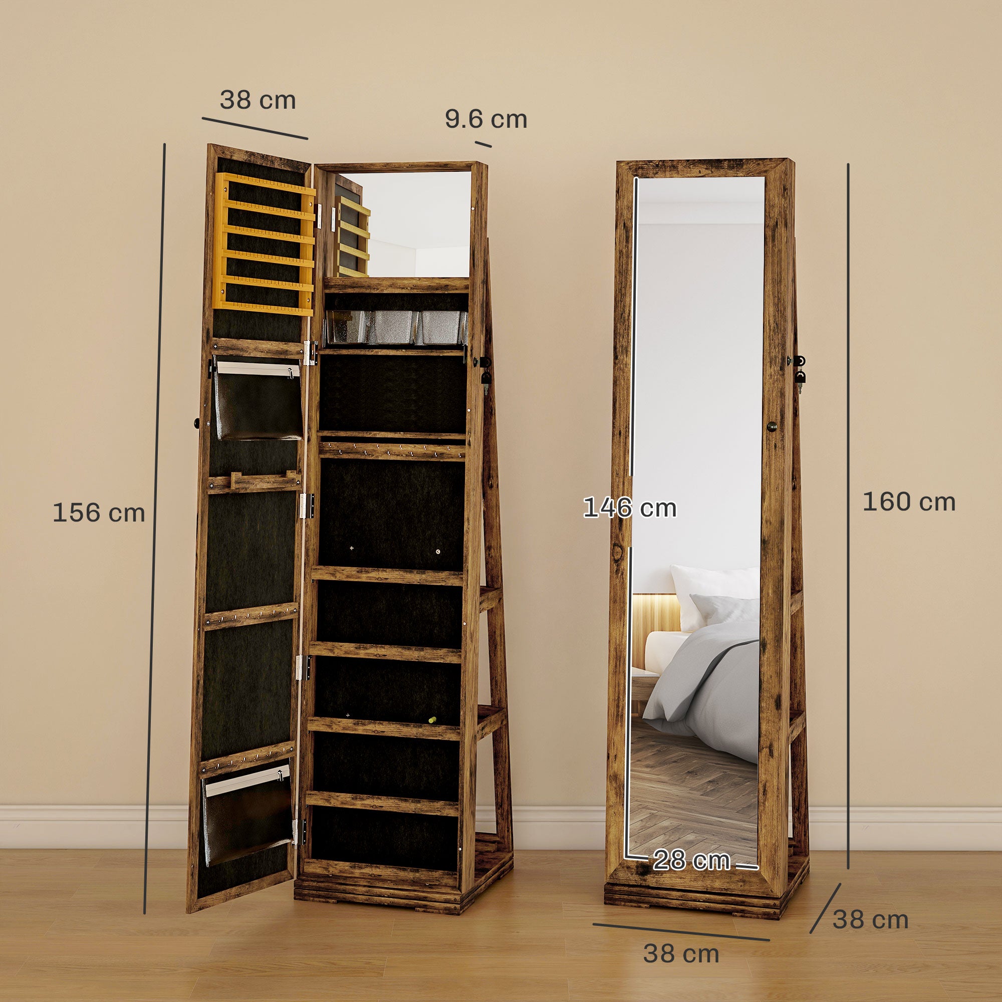 Jewelry Cabinet with Full Length Mirror - 360° Swivel Lockable Organizer - Rustic Brown