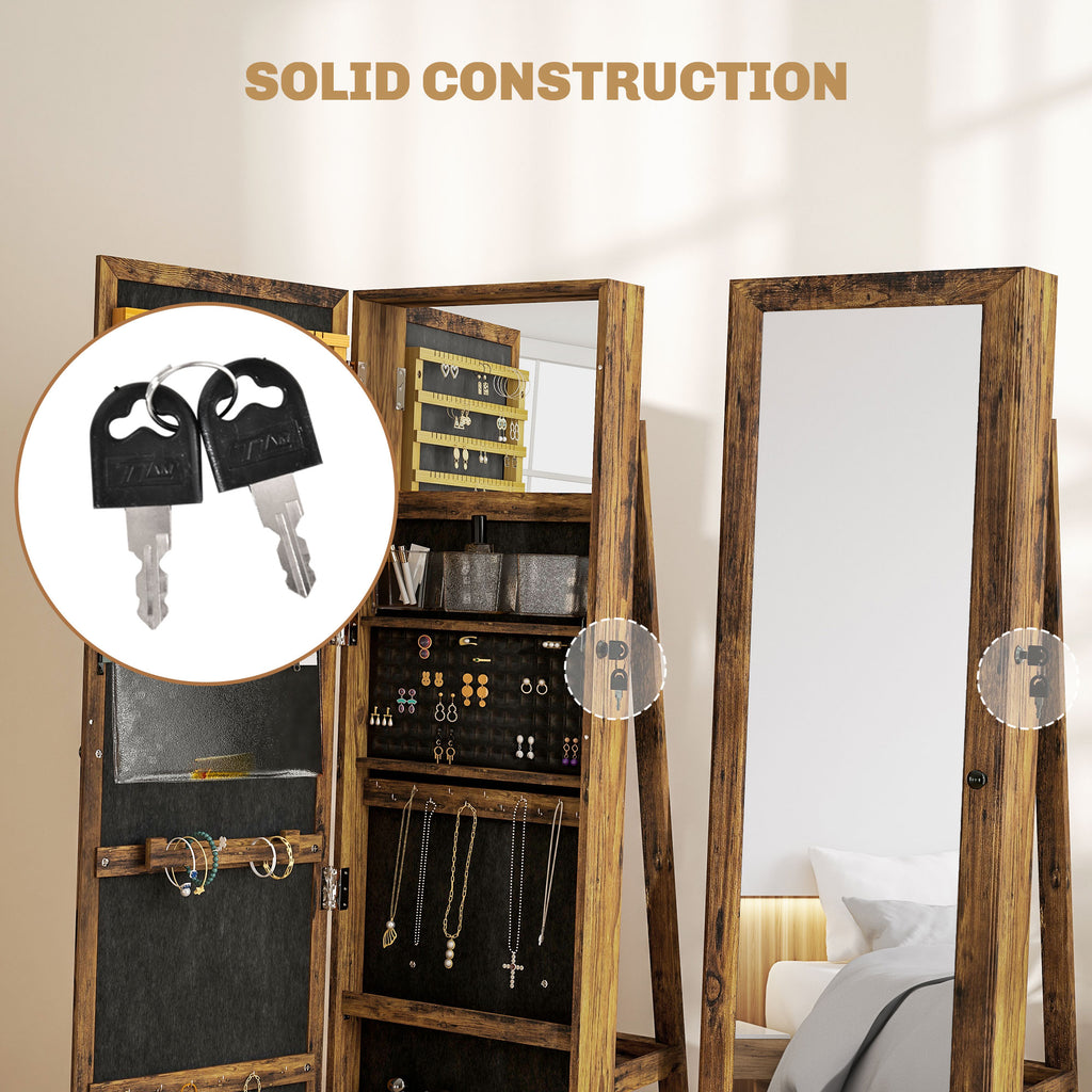 Jewelry Cabinet with Full Length Mirror - 360° Swivel Lockable Organizer - Rustic Brown