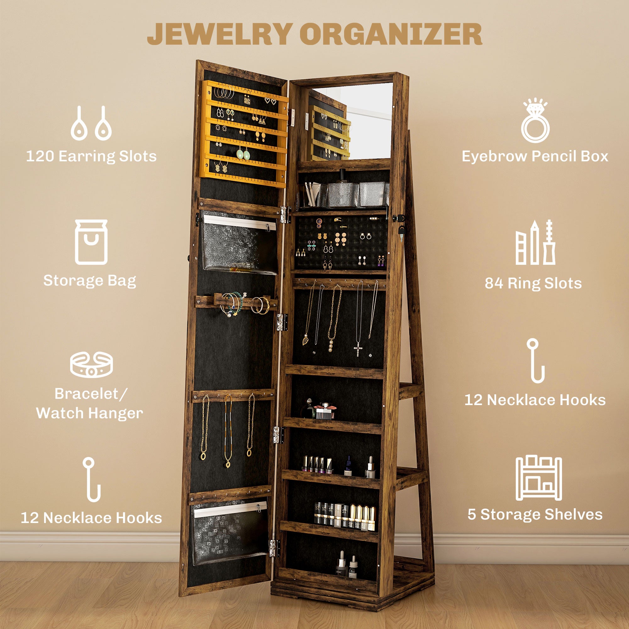 Jewelry Cabinet with Full Length Mirror - 360° Swivel Lockable Organizer - Rustic Brown